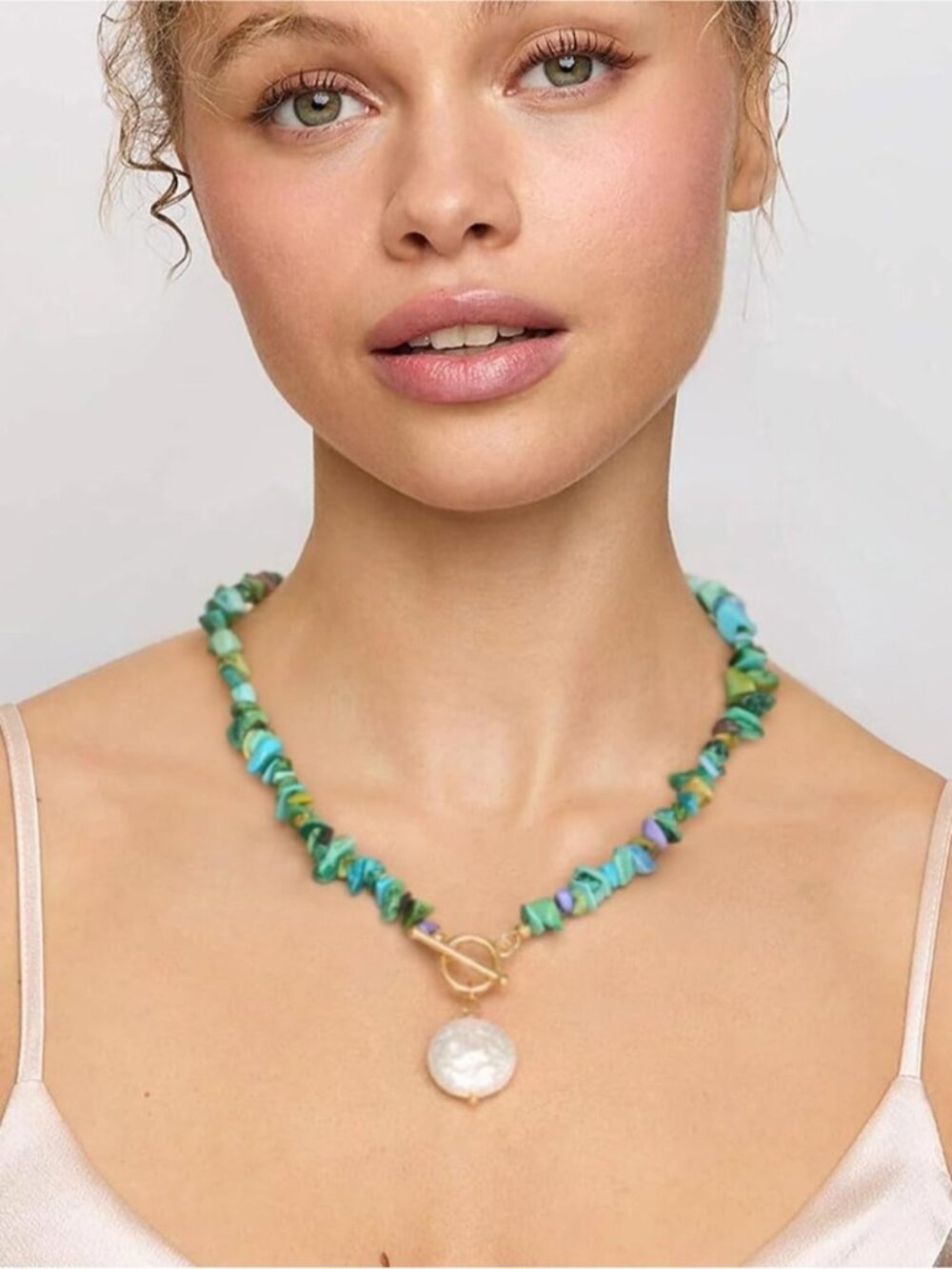Green Turquoise Chip Necklace with Vegan Pearl Pendant